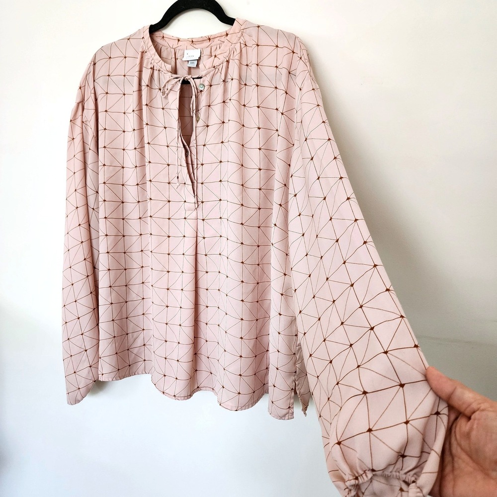 A New Day Womens XXL Pink Geometric Triangle Print Tie Neck‎ Long Sleeve Blouse